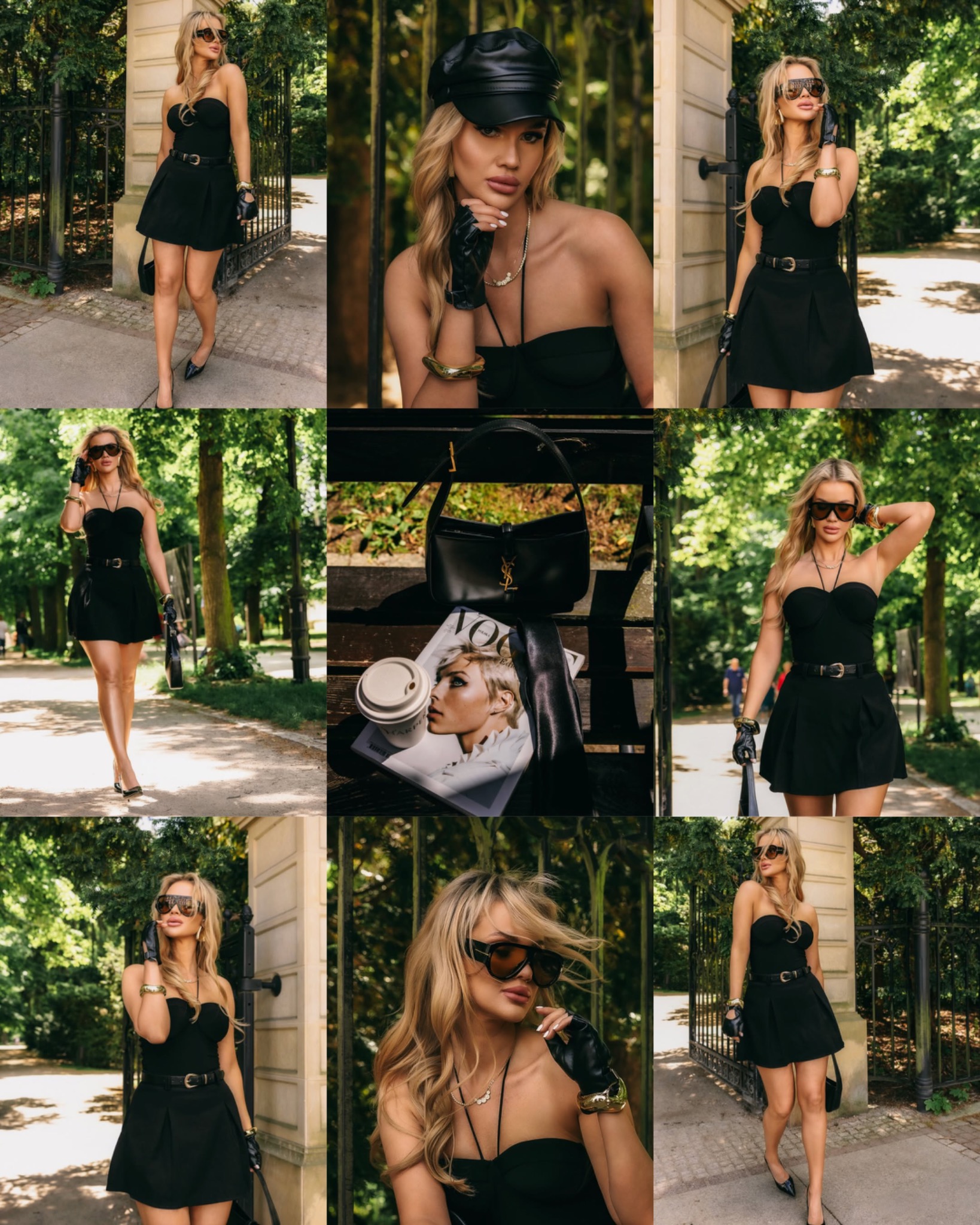 Kolaż plenerowej sesji fashion w czarnej sukience