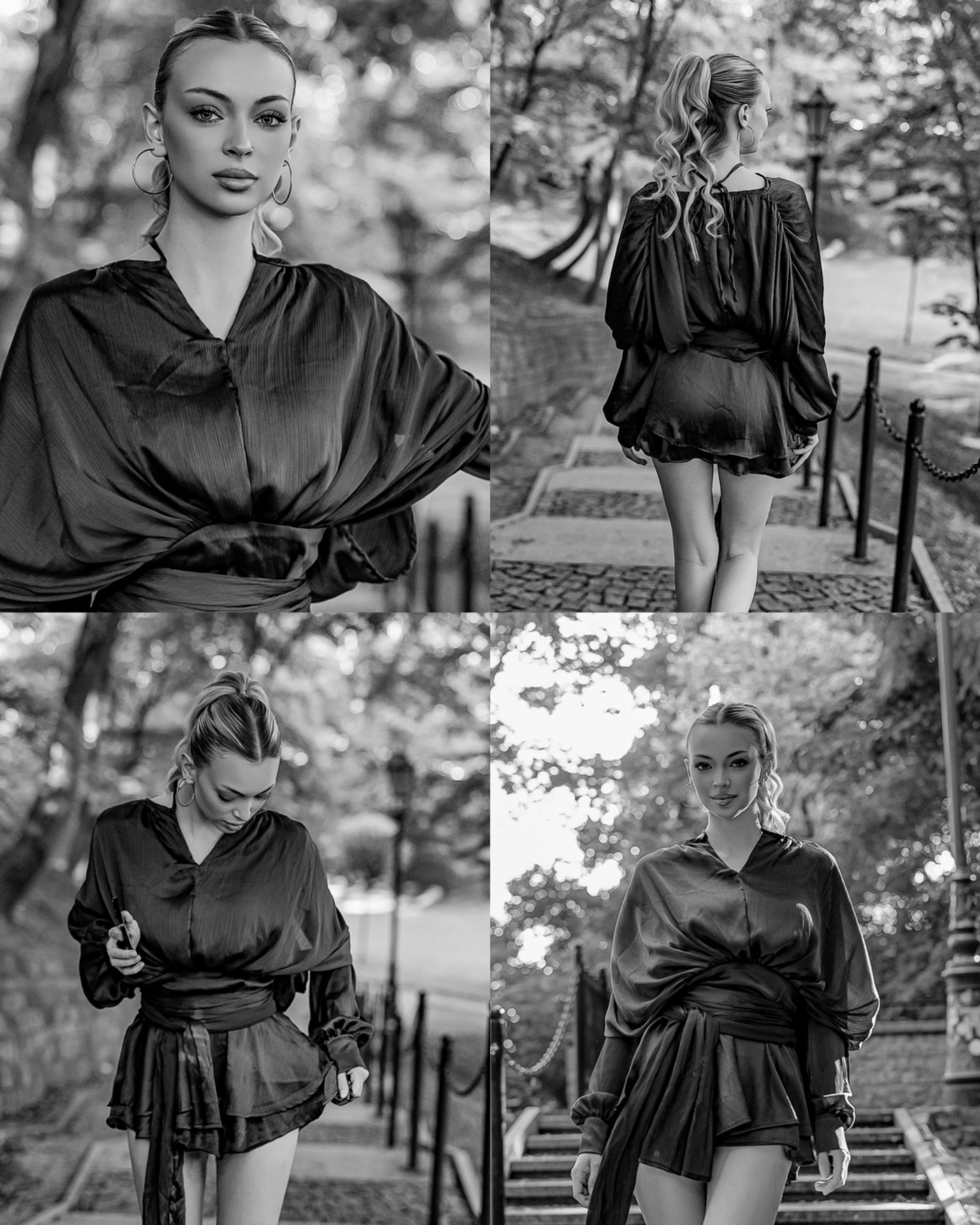 Czarno-biały kolaż sesji plenerowej fashion